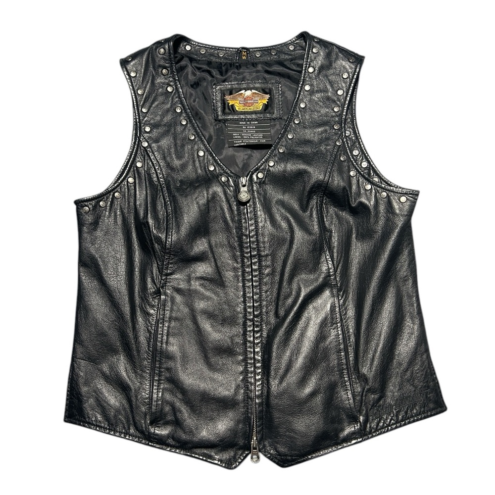 Harley Davidson Women’s Leather Vest Medium Zip Up Pockets Embossed Eagle Biker